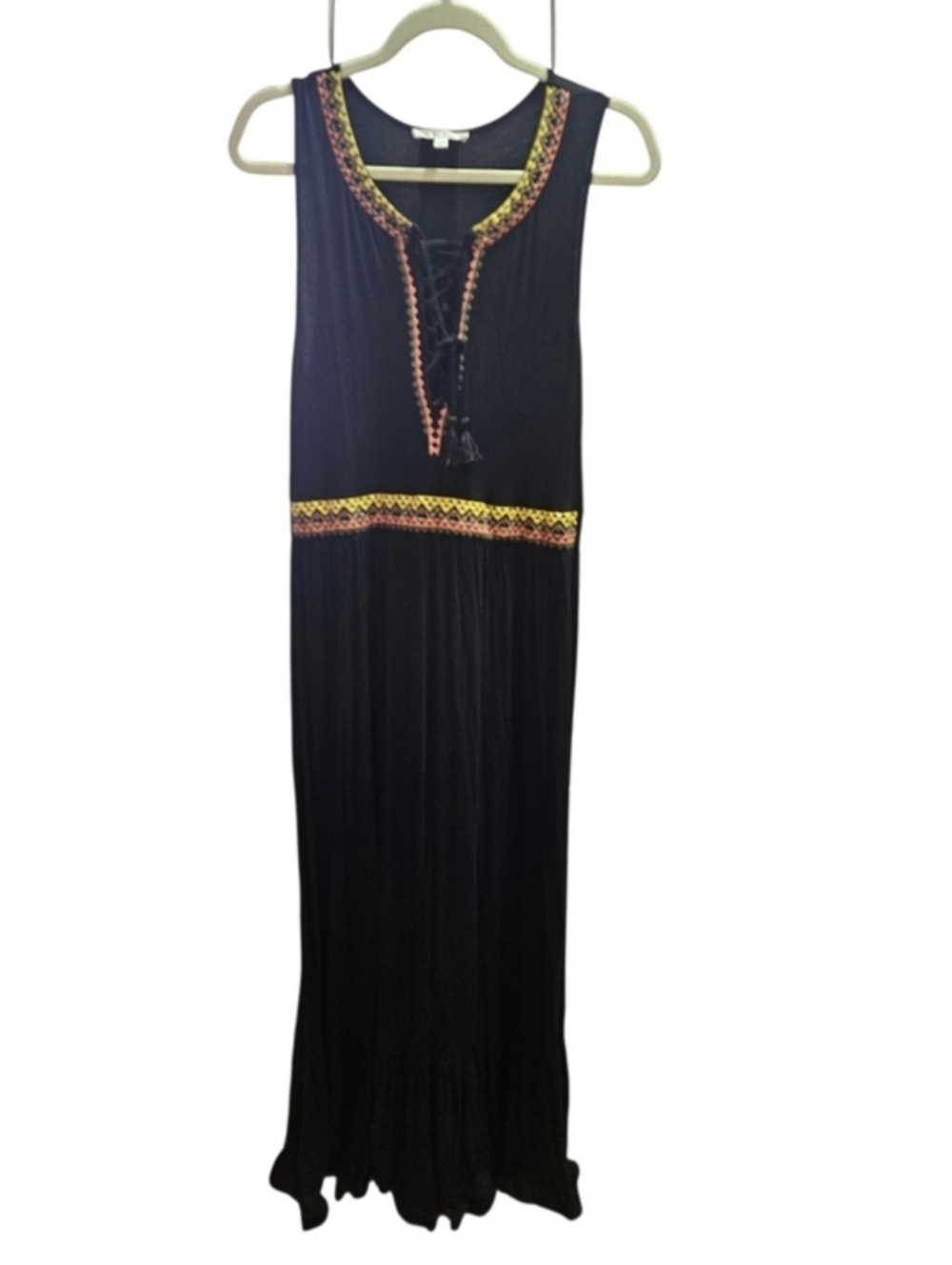 Black Embroidered Sleeveless Maxi Dress Boho Lace-up Front